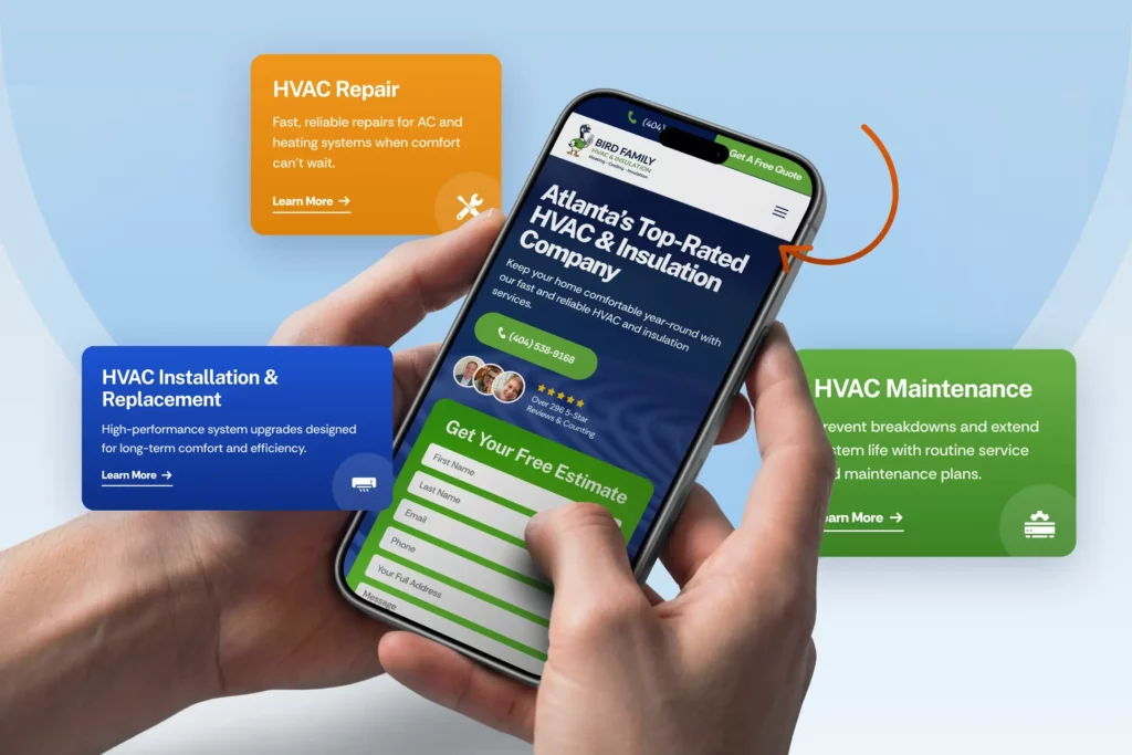 Bird Family HVAC website shown on mobile with Atlanta HVAC service options.