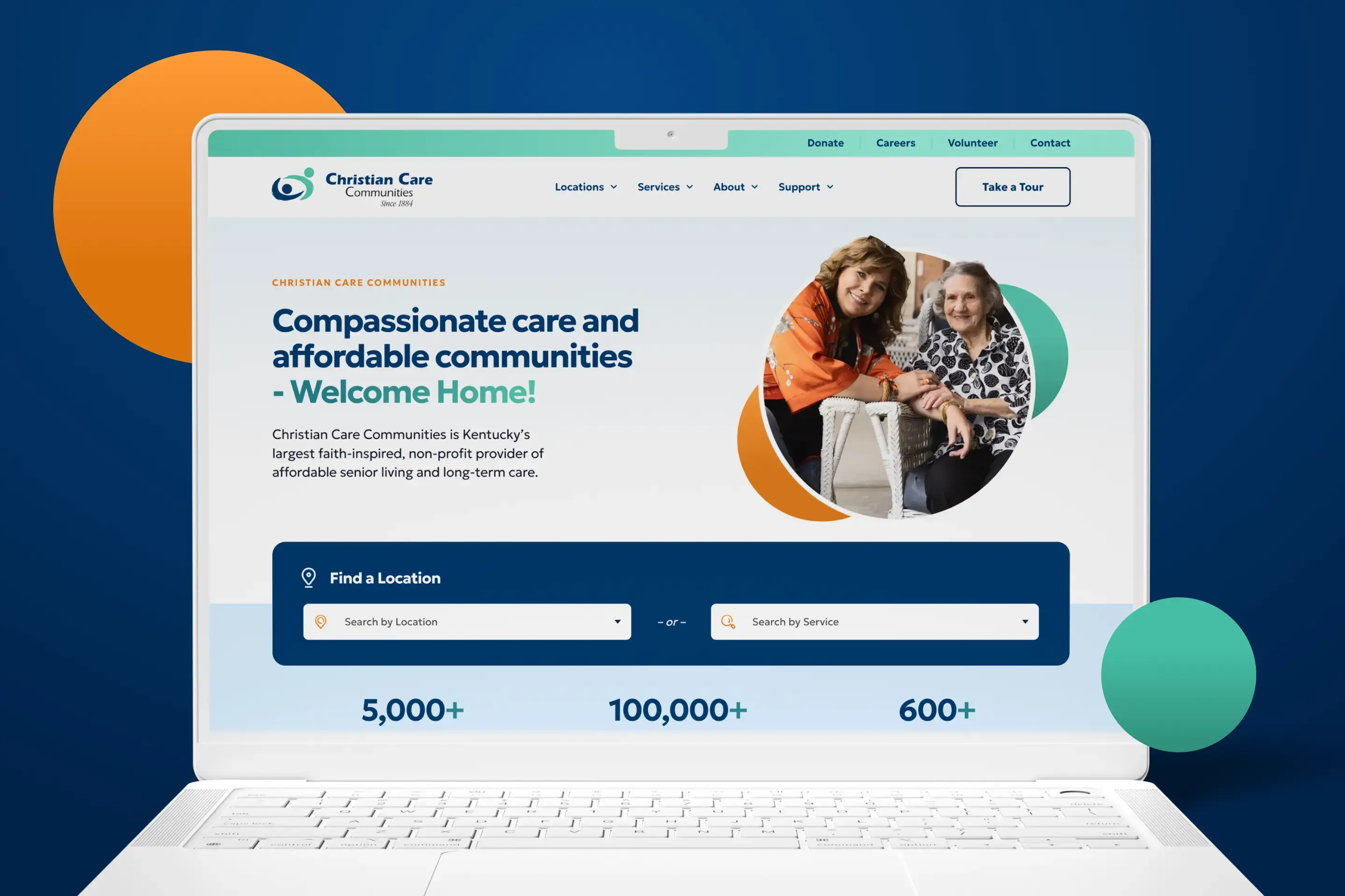 Christian Care Communities senior living website displayed on a laptop.