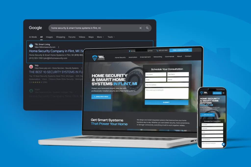 TBL Home Security website showcasing top Google rankings in Flint, Michigan.