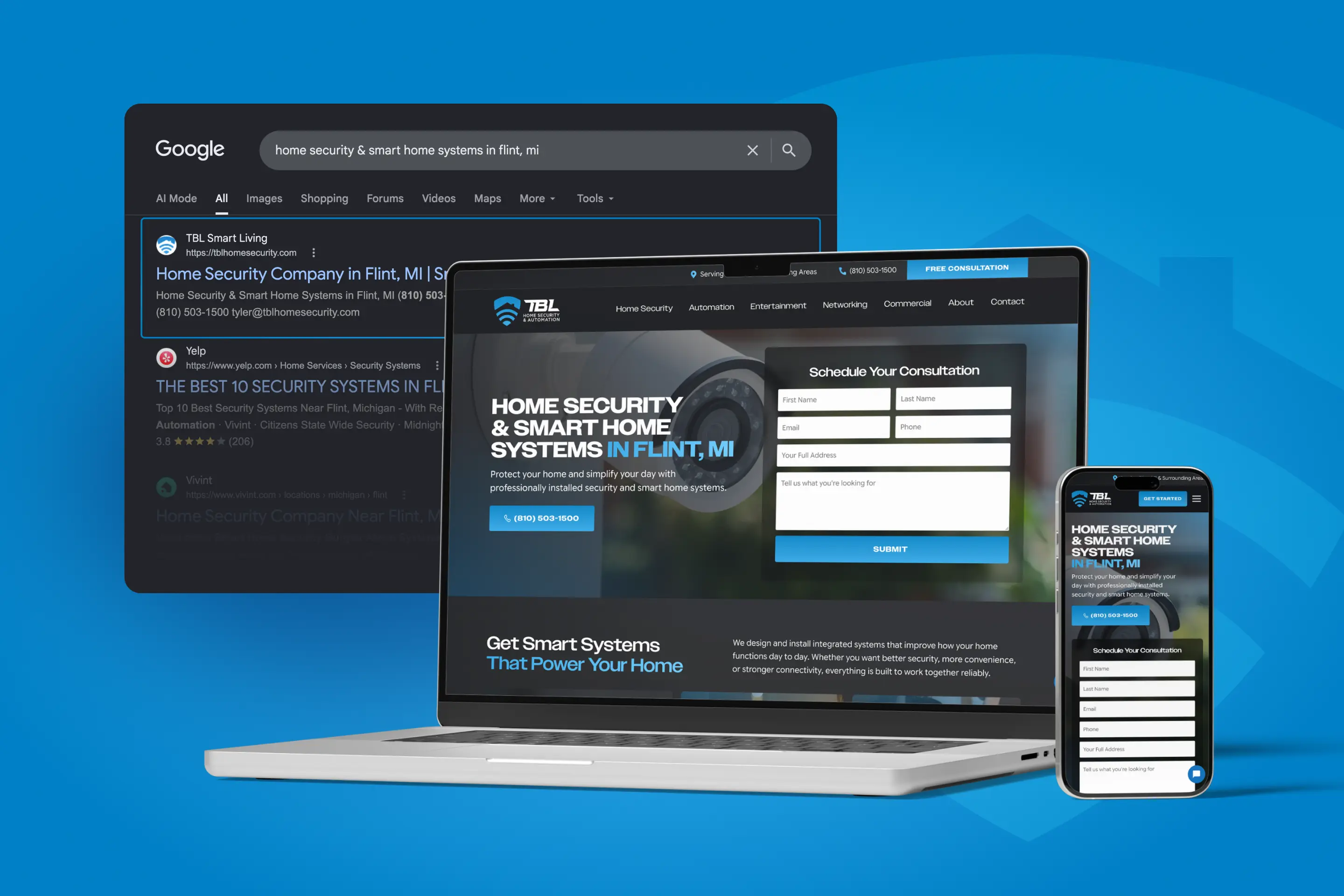 TBL Home Security website showcasing top Google rankings in Flint, Michigan.